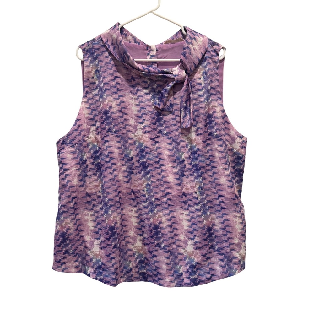 Soft Surroundings Blouse sz 1X Purple Tie Neck‎ Button Back Geometric Silky Tank